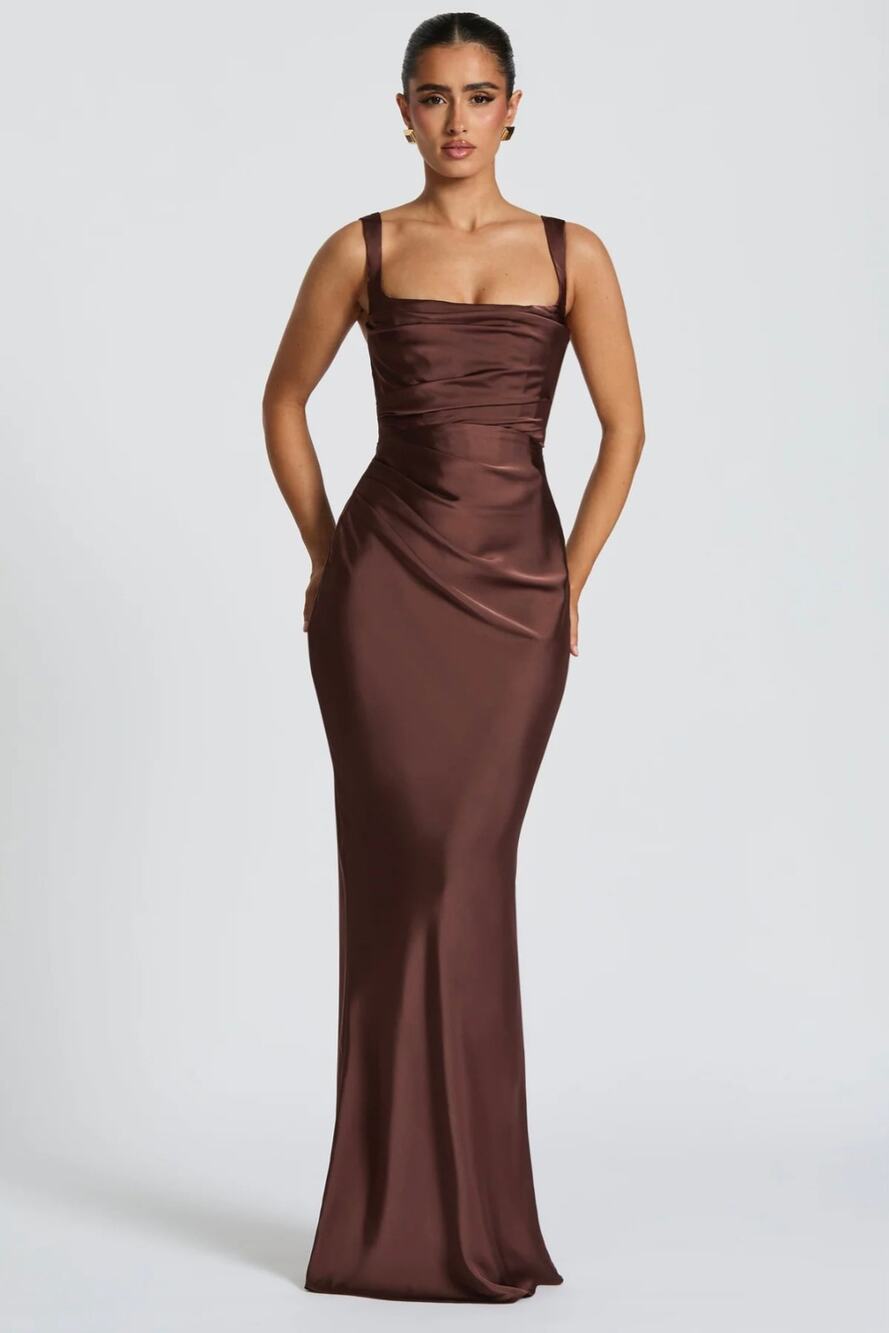 NWT Babyboo Calanthe Square Neck Satin Maxi Dress Plum Brown Medium